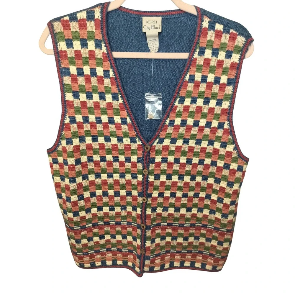 KORET City Blues Women's M Vintage Geometric Checkered Knit Button Up‎ Vest